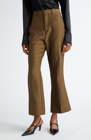 Bite Studios Credo Pleated Organic Wool & Silk Flare Trousers In Moss
