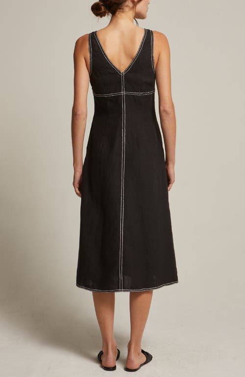 CRESCENT CRESCENT EMBROIDERED CONTRAST STITCH LINEN MIDI DRESS