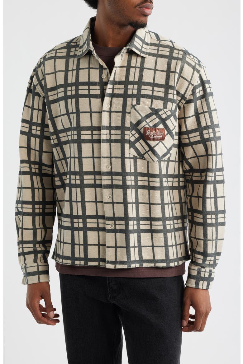 Plaid Cotton French Terry Button-Up Shirt, Alternate, color, SAND