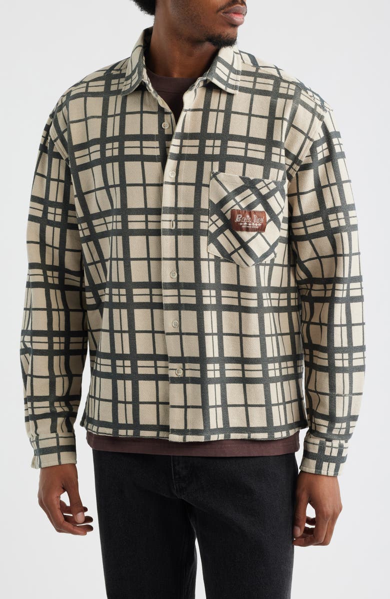 Brain Dead Plaid Cotton French Terry Button-Up Shirt, Alternate, color, Sand