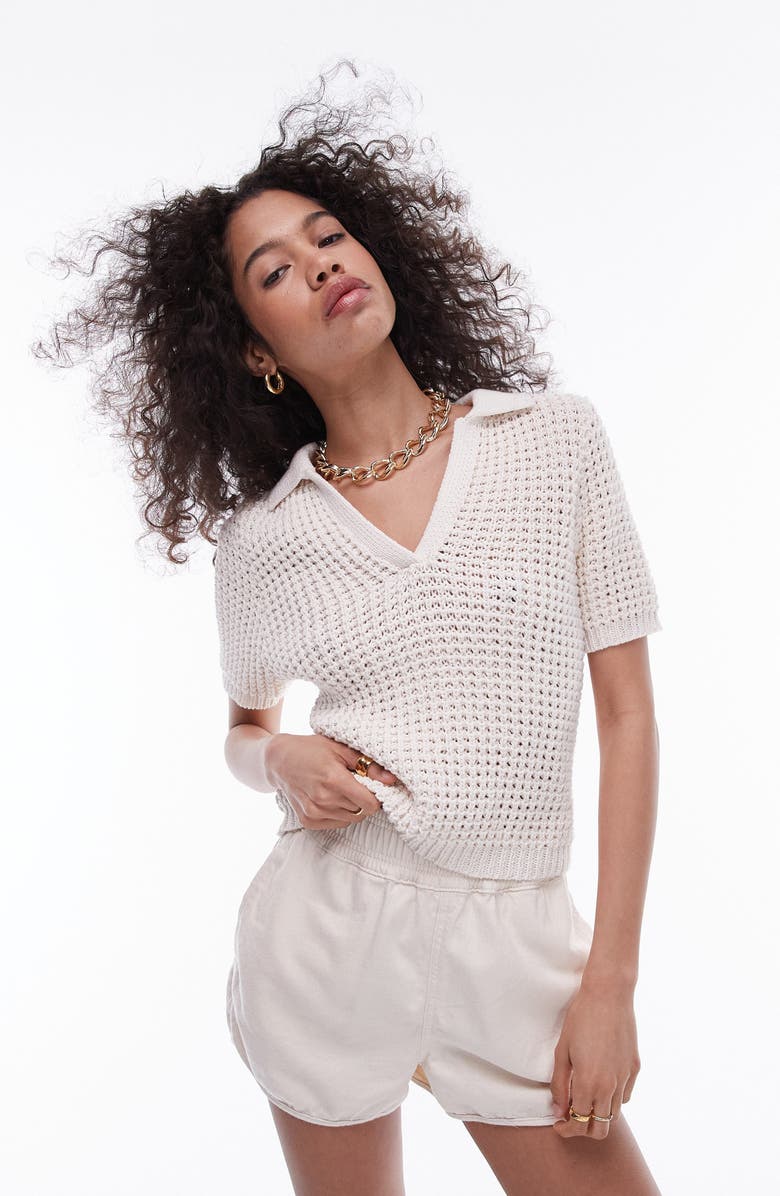 Topshop Short Sleeve Chunky Cotton Sweater, Main, color, Cream