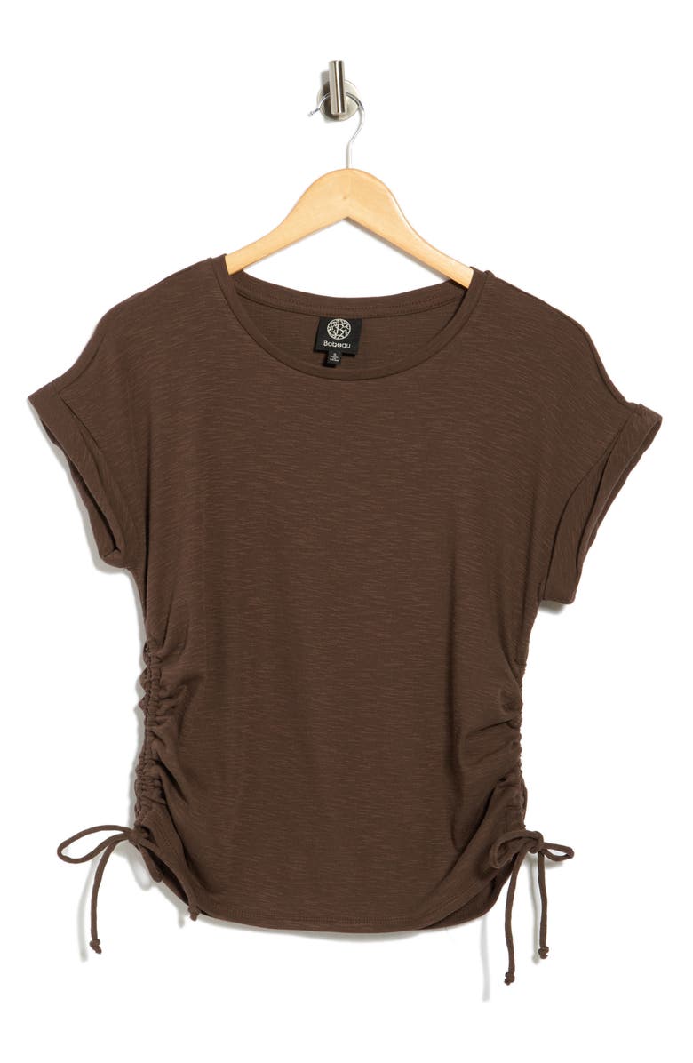 Bobeau Shirred Side Tie T-Shirt, Main, color, Brown
