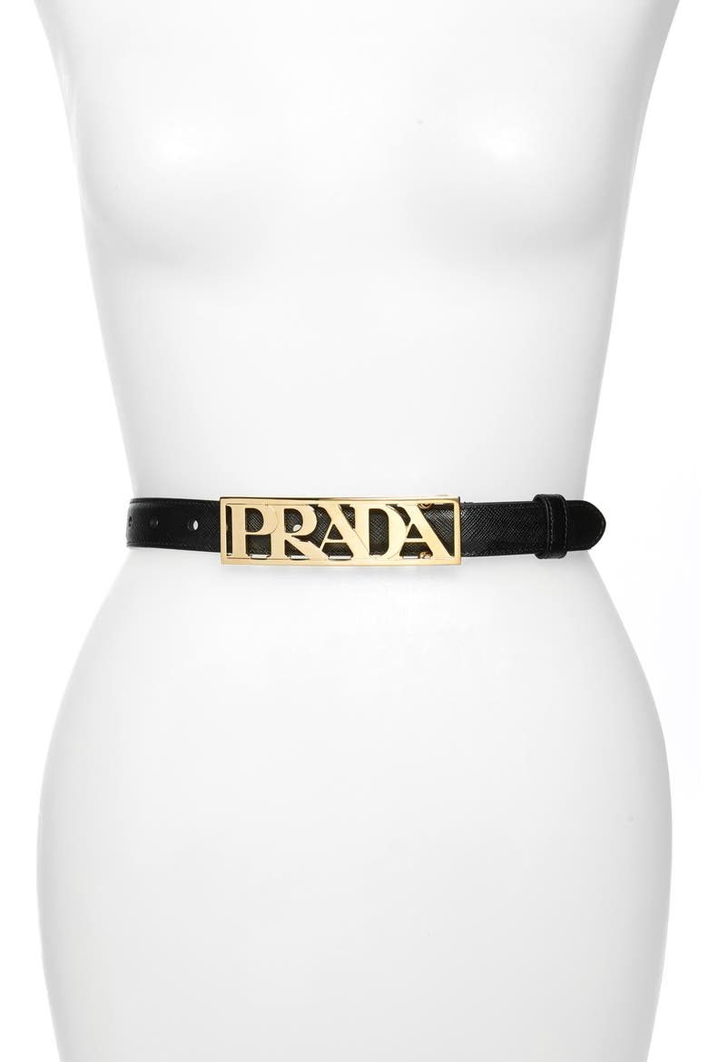 Plaque Logo Saffiano Leather Belt, Main, color, NERO/ GOLD