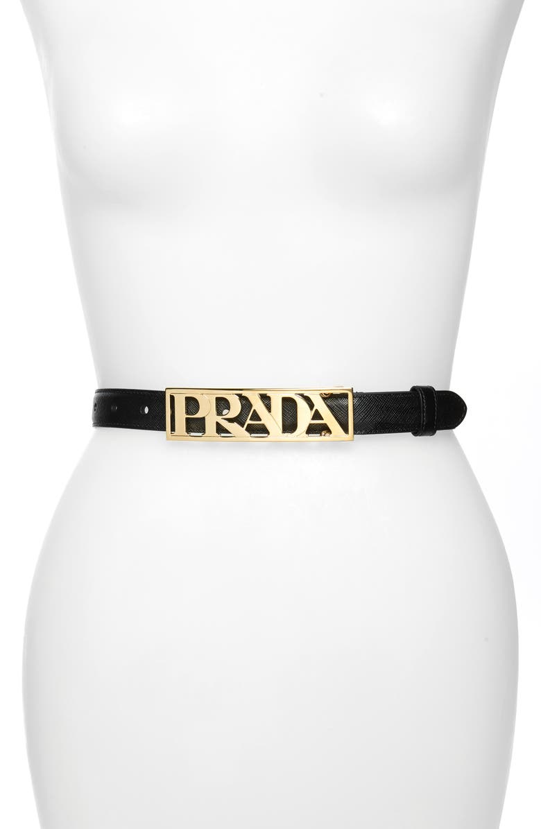 Prada Plaque Logo Saffiano Leather Belt, Main, color,