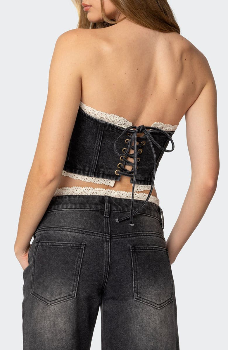 EDIKTED Karlie Lace Trim Denim Tube Top, Alternate, color, Black-Washed