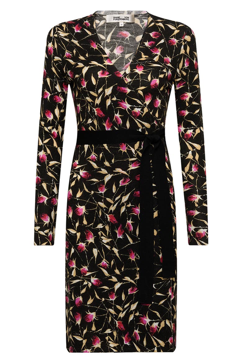 Luella Floral Print Long Sleeve Merino Wool Wrap Dress, Alternate, color, ROCKN ROSE