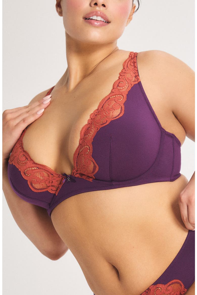 Swirly Girly Unlined Plunge Bra, Alternate, color, MIDNIGHT PURPLE/ BROWN BRICK