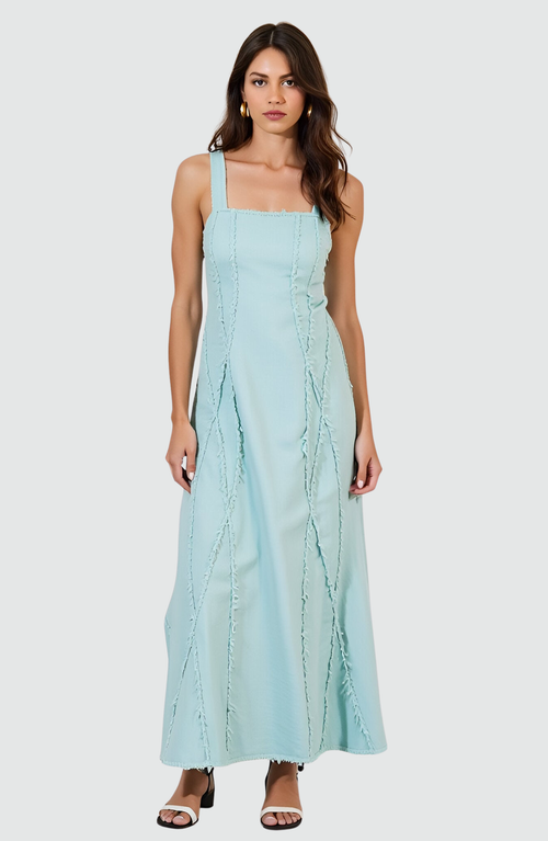 Modenaire Sleeveless Maxi Dress With Textured Trim And Flowing Silhouette In Blue