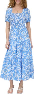 AUGUST SKY Puff Sleeve Smocked Midi Dress