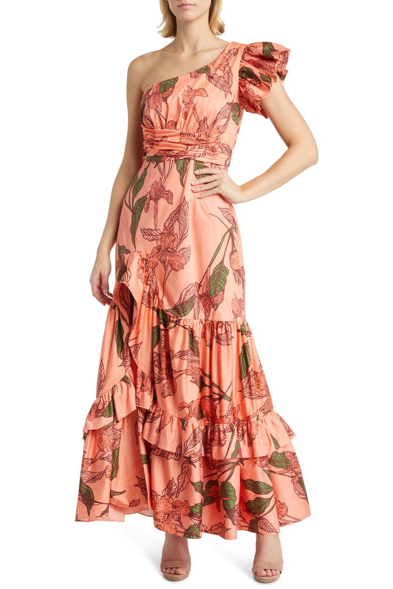Pria Floral One-Shoulder Stretch Cotton Cocktail Dress, Main, color, PEACH DELICATE OUTLINE FLORAL