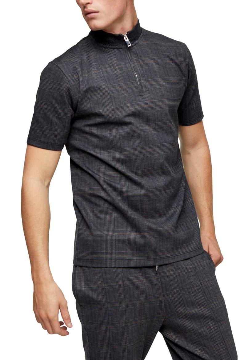Classic Fit Glen Plaid Quarter-Zip Polo, Main, color, BLACK