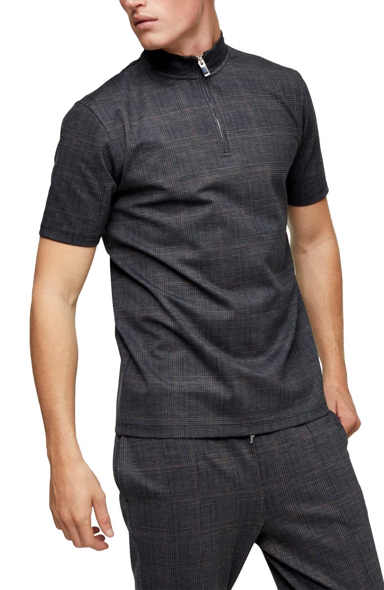 Topman Classic Fit Glen Plaid Quarter-Zip Polo, Main, color, 