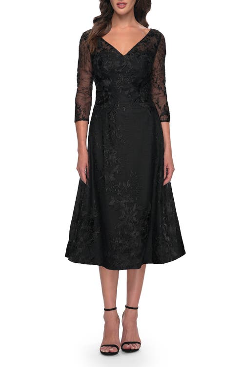 La Femme Stylish Tea Length Mother Of The Bride Dress With Sleeves In Black