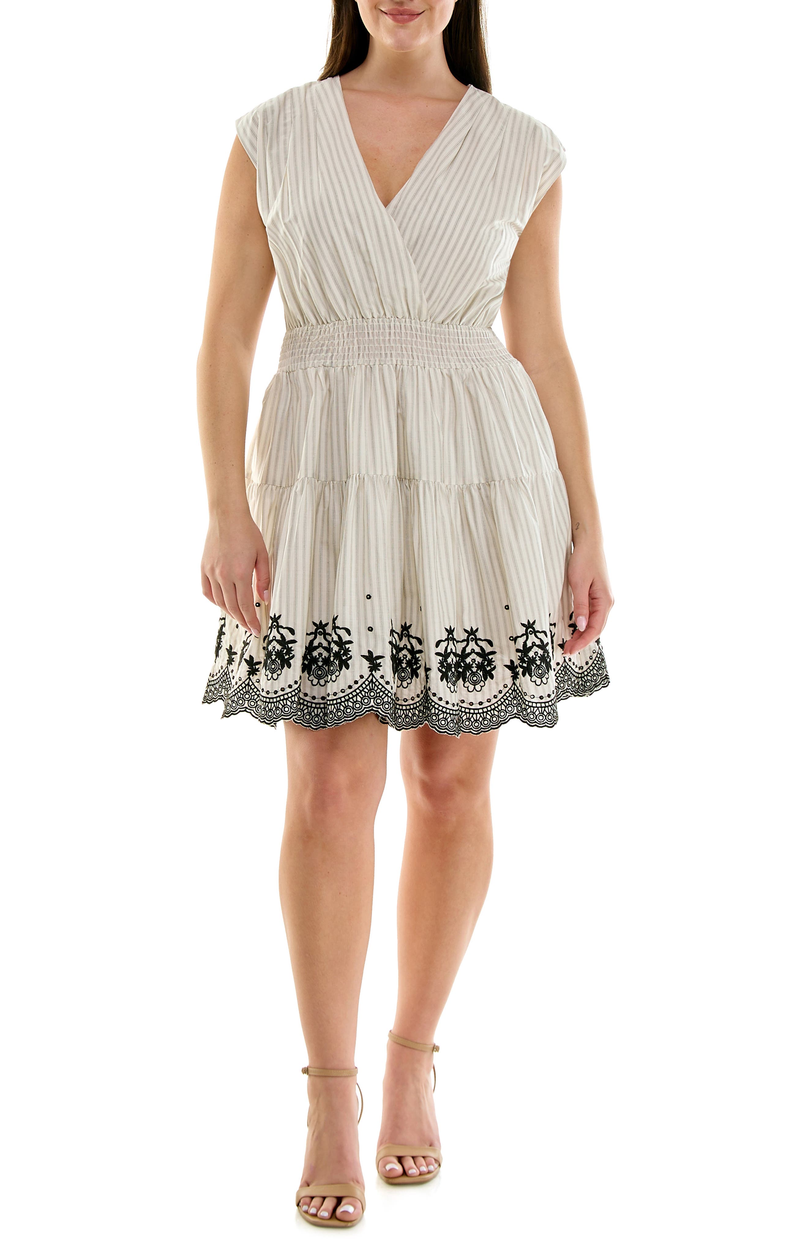 Stripe Cap Sleeve Embroidered Fit & Flare Dress