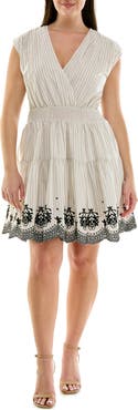 Nanette Lepore Stripe Cap Sleeve Embroidered Fit & Flare Dress