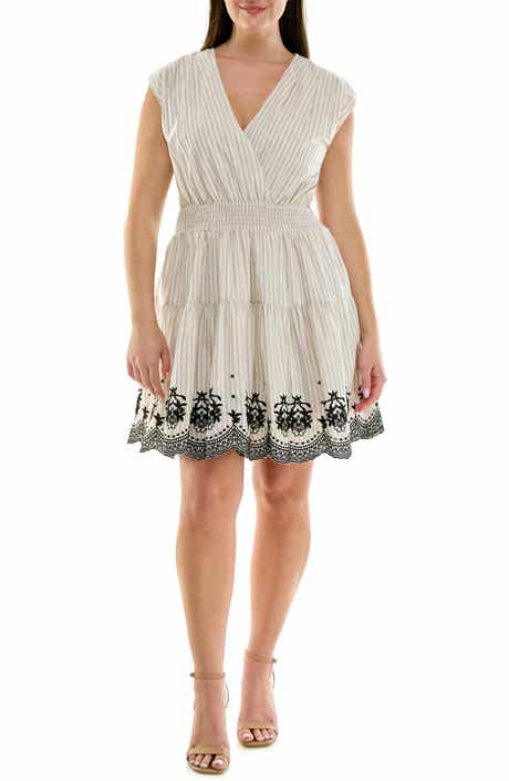Stripe Cap Sleeve Embroidered Fit & Flare Dress