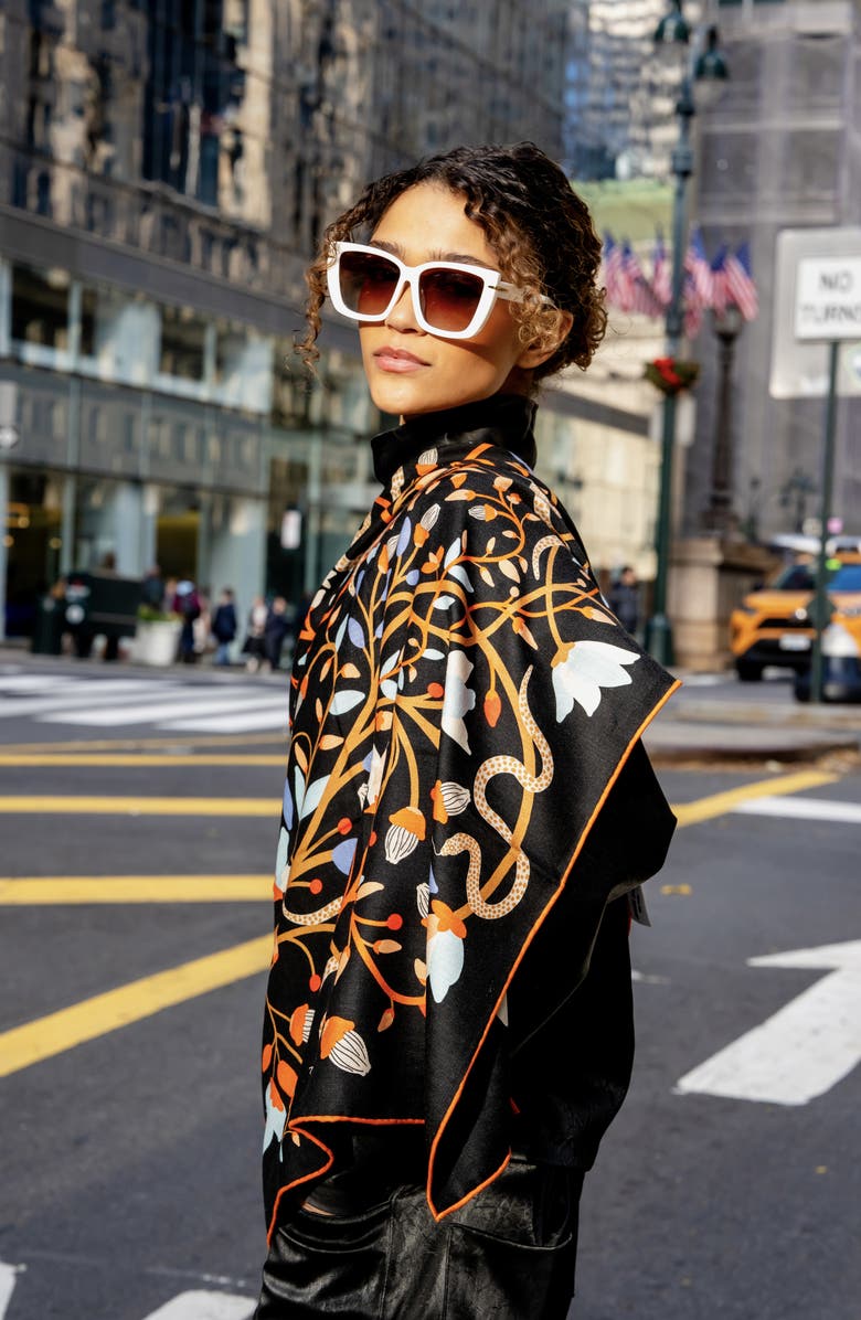 Jessie Zhao New York Double Sided Wool Silk Scarf Of Night's Enchanted Garden, Alternate, color, Black