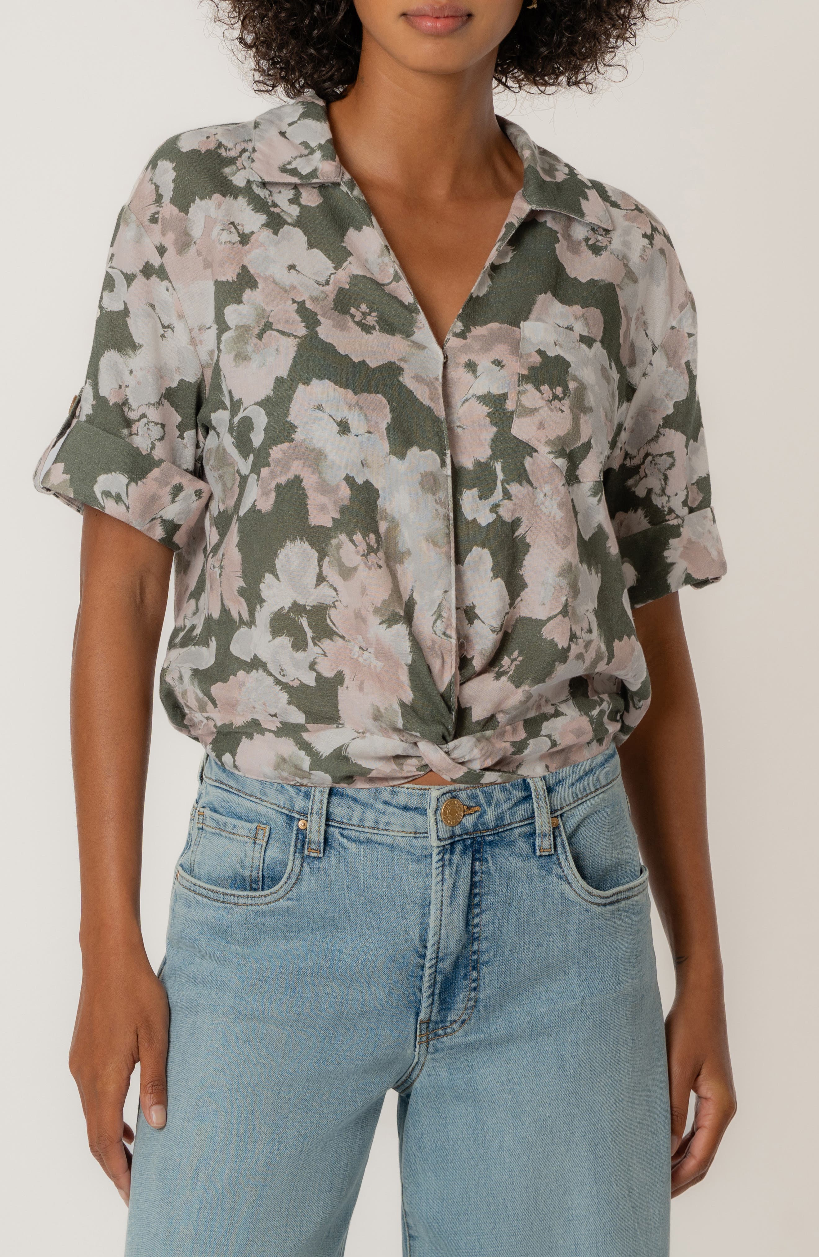 Rebel Printed Knot Front Linen Blend Top - image 3