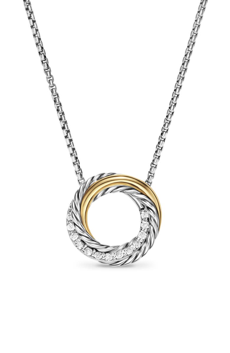 David Yurman Crossover Pendant Necklace in Sterling Silver with 18K Yellow Gold and Diamonds, 14.5mm, Main, color, Sterling Silver And 18K Gold