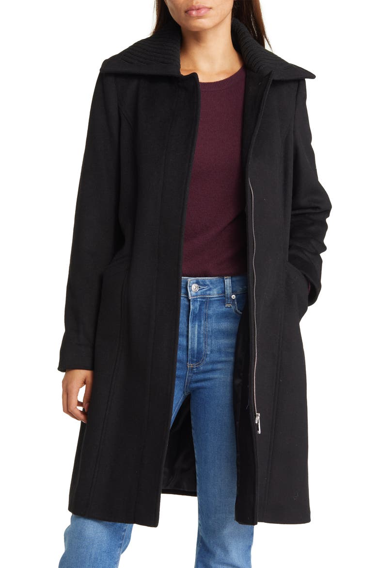 Rib Collar Wool Blend Trench Coat, Alternate, color, BLACK