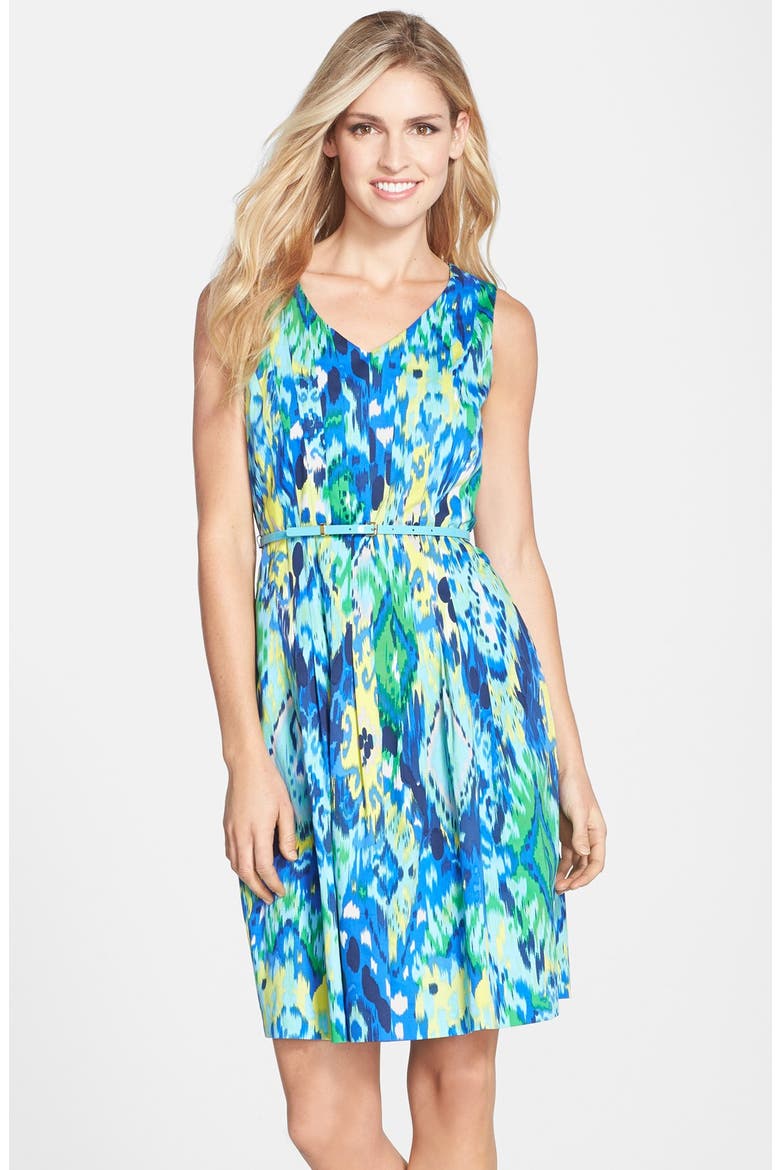 Belted Print Cotton Fit & Flare Dress, Main, color, BLUE MULTI