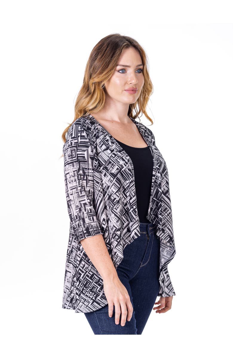24seven Comfort Apparel Petites Black Print Elbow Length Sleeve Open Cardigan, Alternate, color, Black Multi