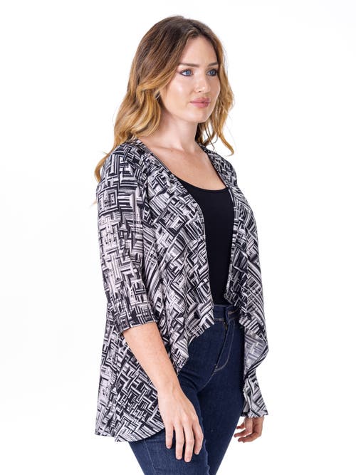 24seven Comfort Apparel Petites Black Print Elbow Length Sleeve Open Cardigan In Multi