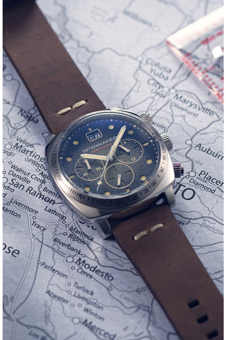 Hull Chronograph Leather Strap Watch, 42mm, Alternate, color, GREEN