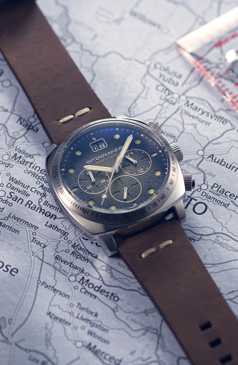 SPINNAKER Hull Chronograph Leather Strap Watch, 42mm, Alternate, color, Green