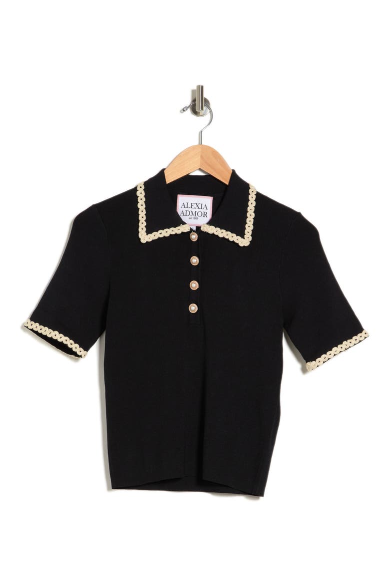 Collared Knit Short Sleeve Top, Alternate, color, BLACK