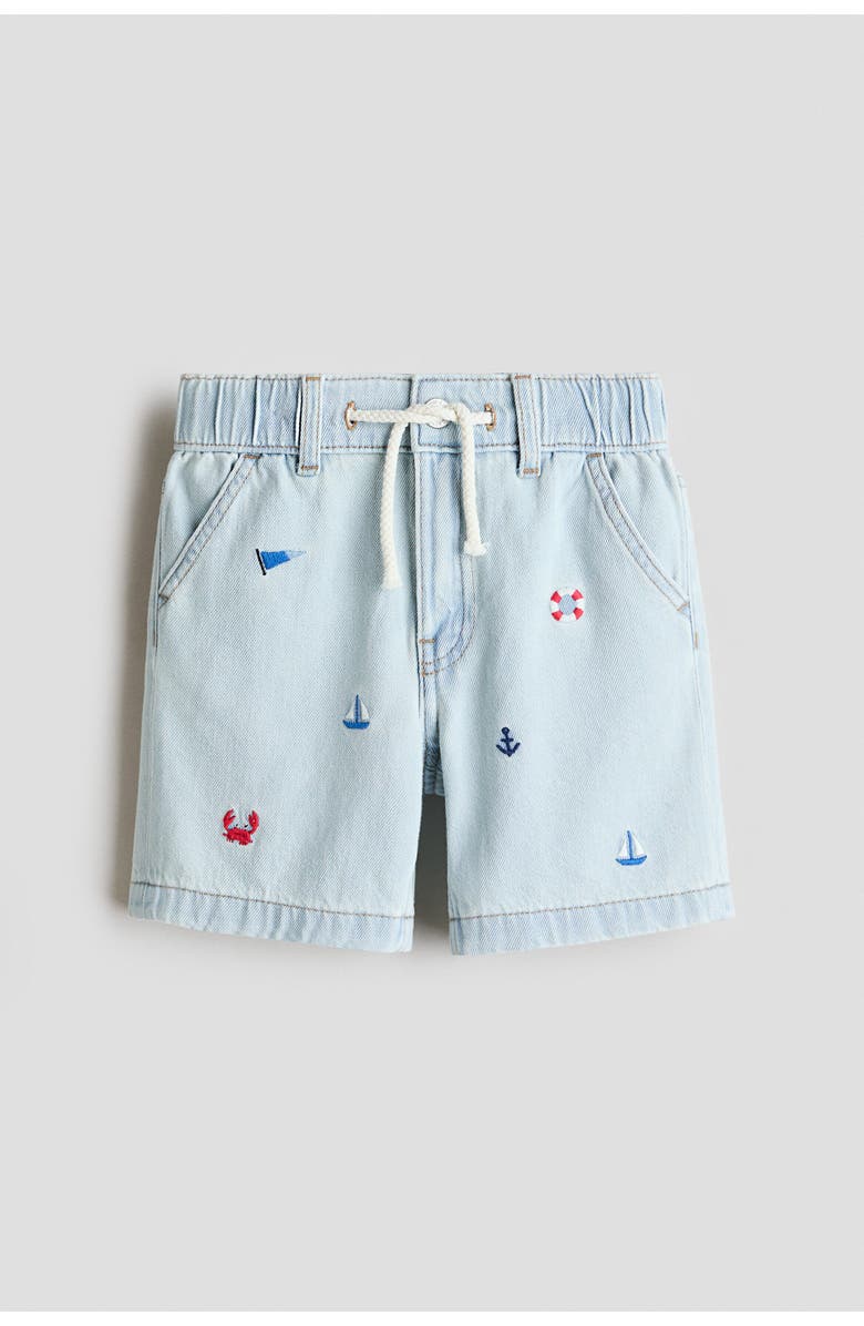 H&M Embroidery-detail Denim Shorts, Main, color, Light Denim Blue/Sailboats