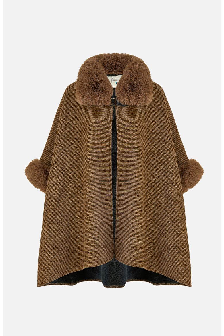 Luxe Fur Collared Cape Jacket, Alternate, color, Brown