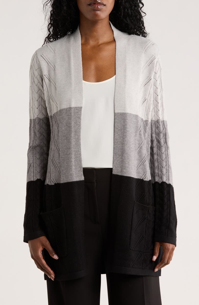 CYRUS Colorblock Pointelle Cardigan, Main, color, Lt H Grey/ Med H Grey/ Black
