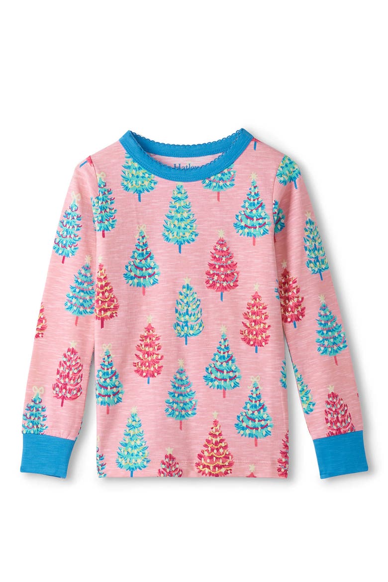 Kids' Christmas Tree Cotton Fitted Two-Piece Pajamas, Alternate, color, ROSE SHADOW