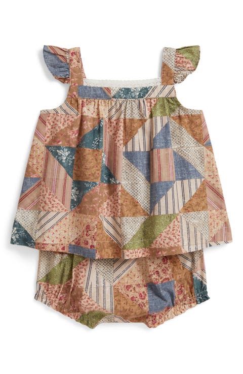 Patchwork Print Cotton Poplin Top & Bloomers Set