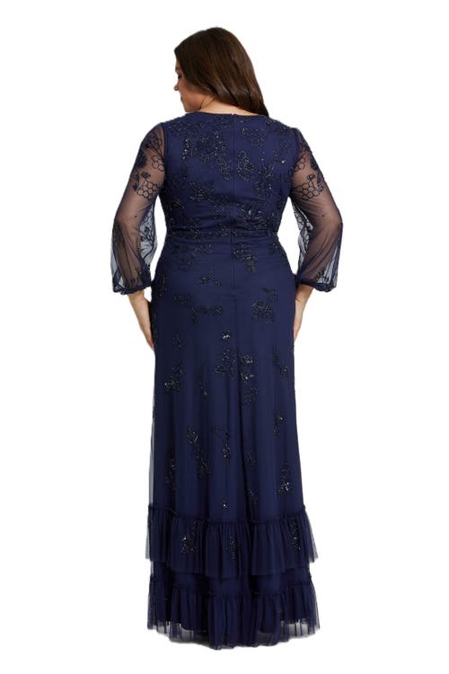 Mac Duggal Puff Sleeve V-neck Tiered Embellished Gown In Blue