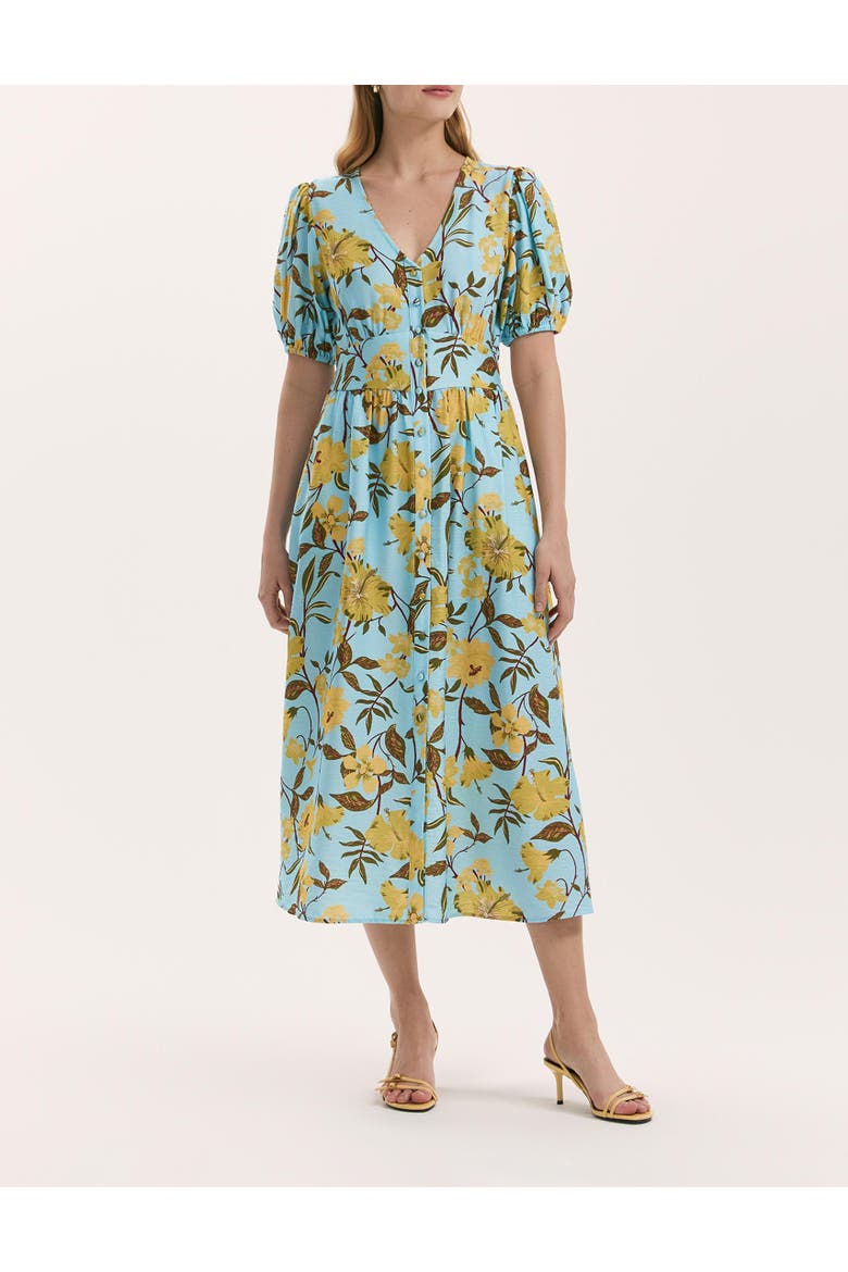 QAddison Floral Linen Blend Midi Dress, Alternate, color, Blue Floral