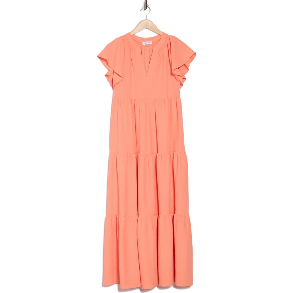 CALVIN KLEIN CALVIN KLEIN FLUTTER SLEEVE TIERED A-LINE MAXI DRESS