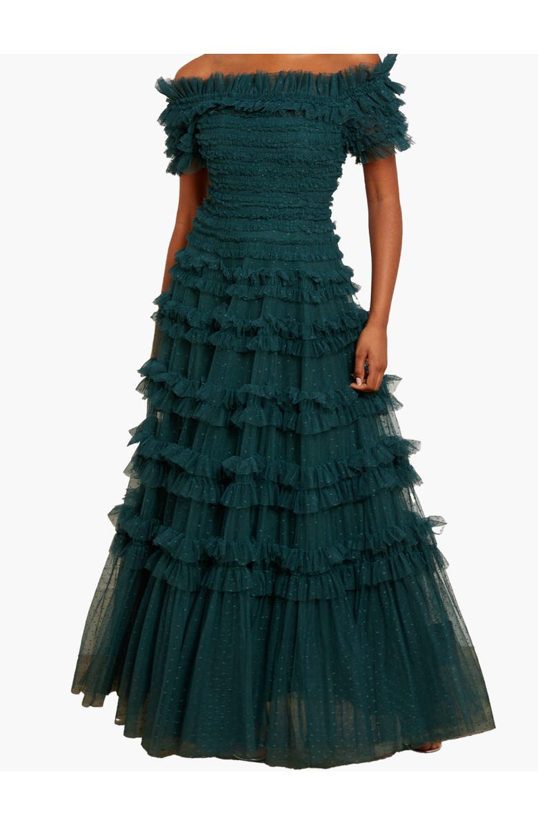 Needle & Thread Lisette Ruffle Off Shoulder Gown, Alternate, color, Emerald
