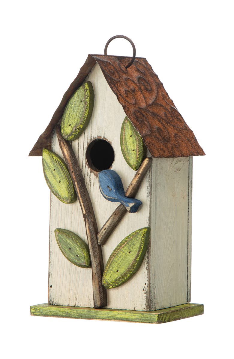 Glitzhome 10"H Multicolor Cute Distressed Solid Wood Birdhouse with 3D Flowers, Main, color, White