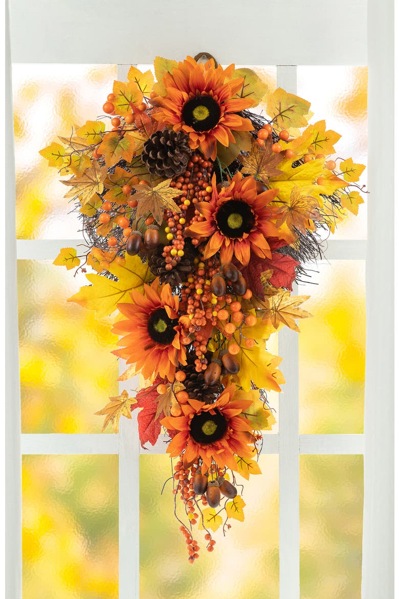 27"H Fall Sunflower Maple Leaf and Berry Teardrop, Alternate, color, Orange