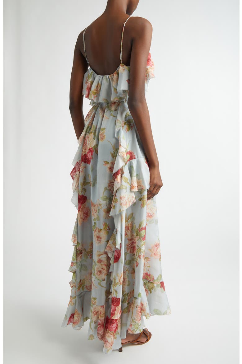Roselight Frill Silk Habutae Maxi Dress, Alternate, color, BLUE ROSE FLORAL