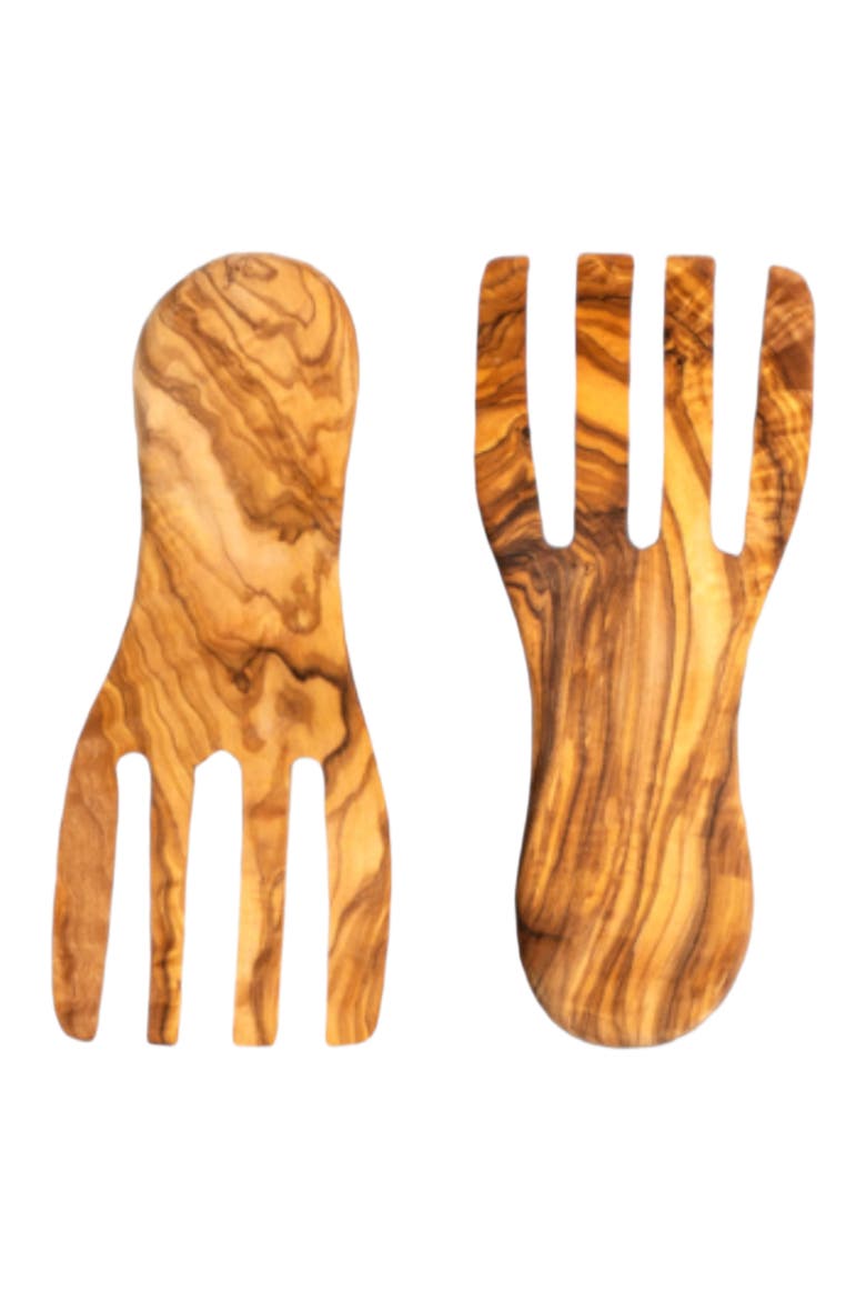 Olive Wood Salad Servers Flat Forks Set, Main, color, Natural
