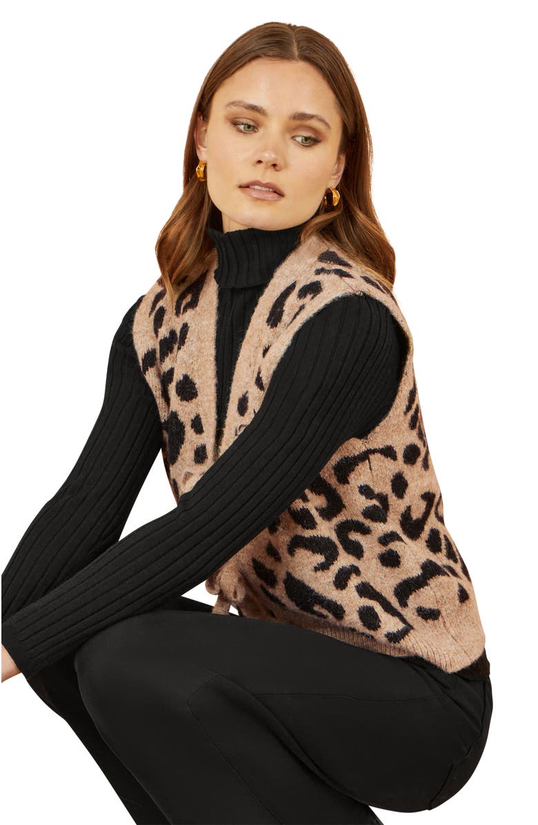 Yumi Knitted Cheetah Print Tie Waistcoat, Alternate, color, Beige
