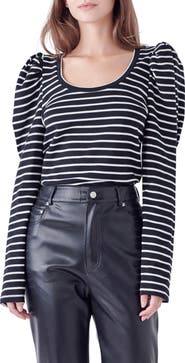 English Factory Stripe Puff Sleeve Knit Top