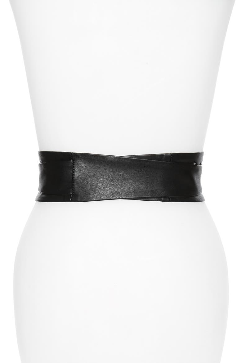 Studded Faux Leather Obi Belt, Alternate, color, BLACK