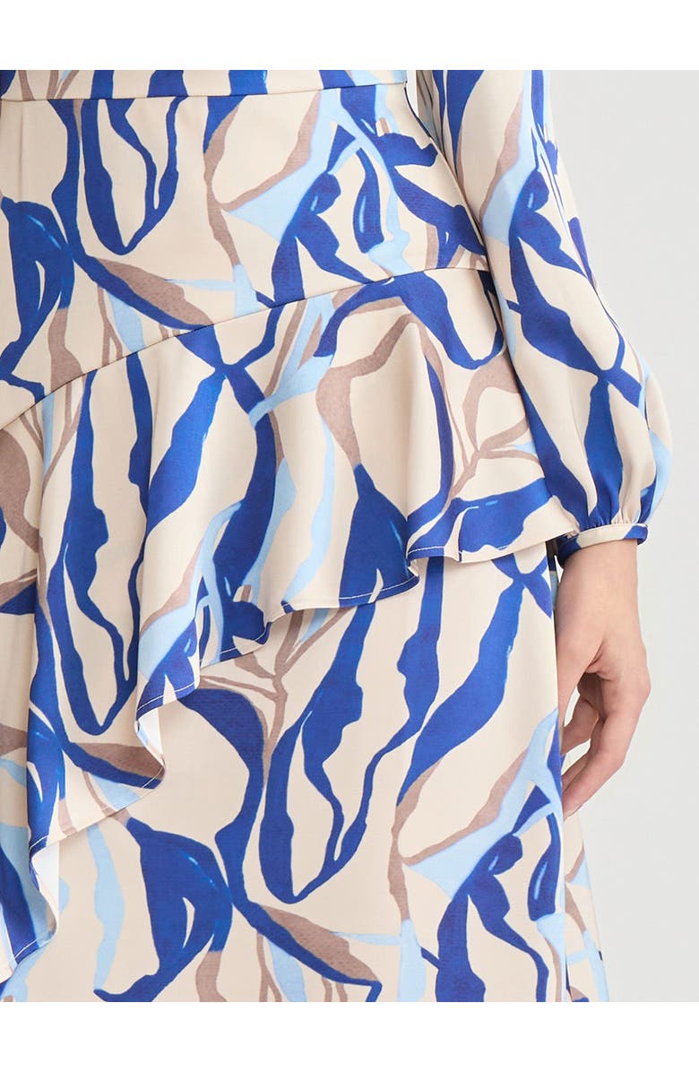 Misook Fit & Flare Printed Crepe de Chine Ruffle Maxi Dress, Alternate, color, Biscotti/Aegean Blue