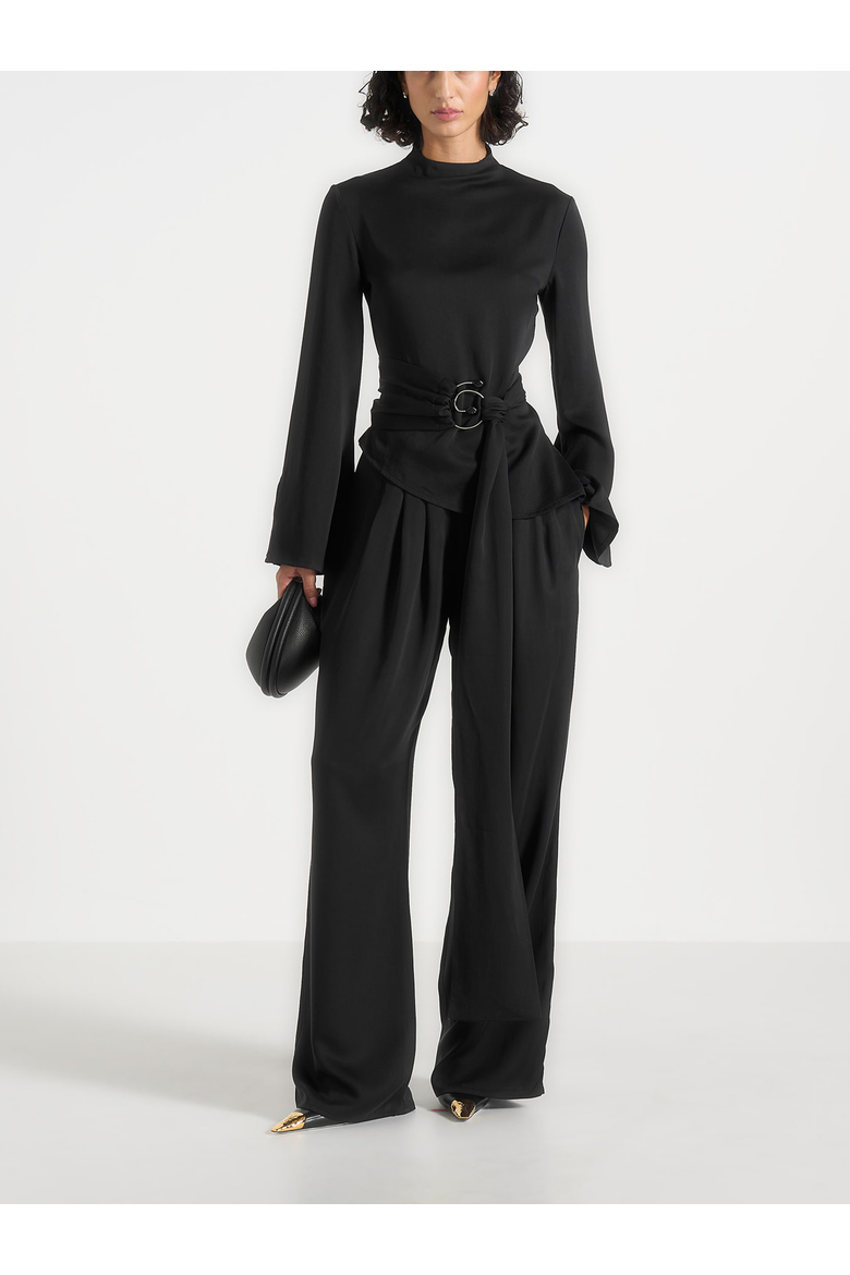 Aurore High Neck Pleated Jumpsuit With Wrap Waist, Main, color, Black