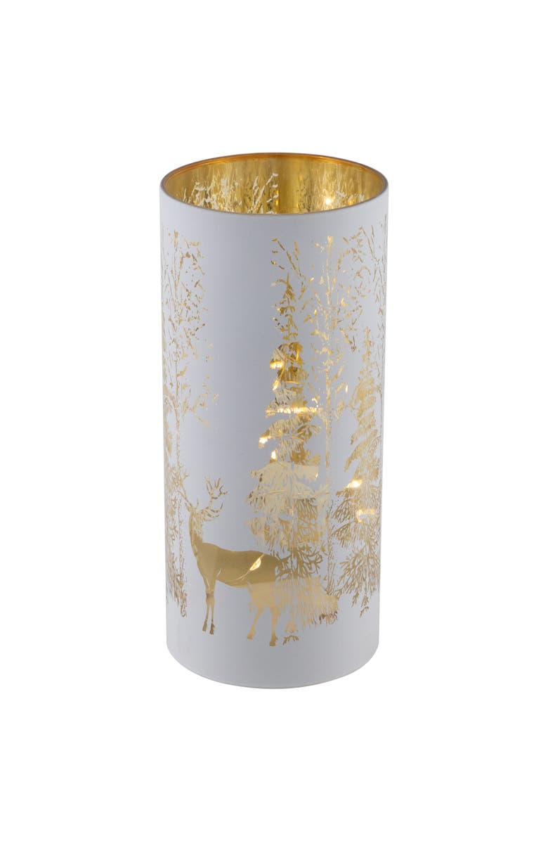 Northlight LED Lighted Deer in Forest Glass Hurricane Christmas Candle Decoration - 8", Main, color, White