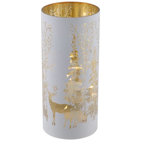 LED Lighted Deer in Forest Glass Hurricane Christmas Candle Decoration - 8"